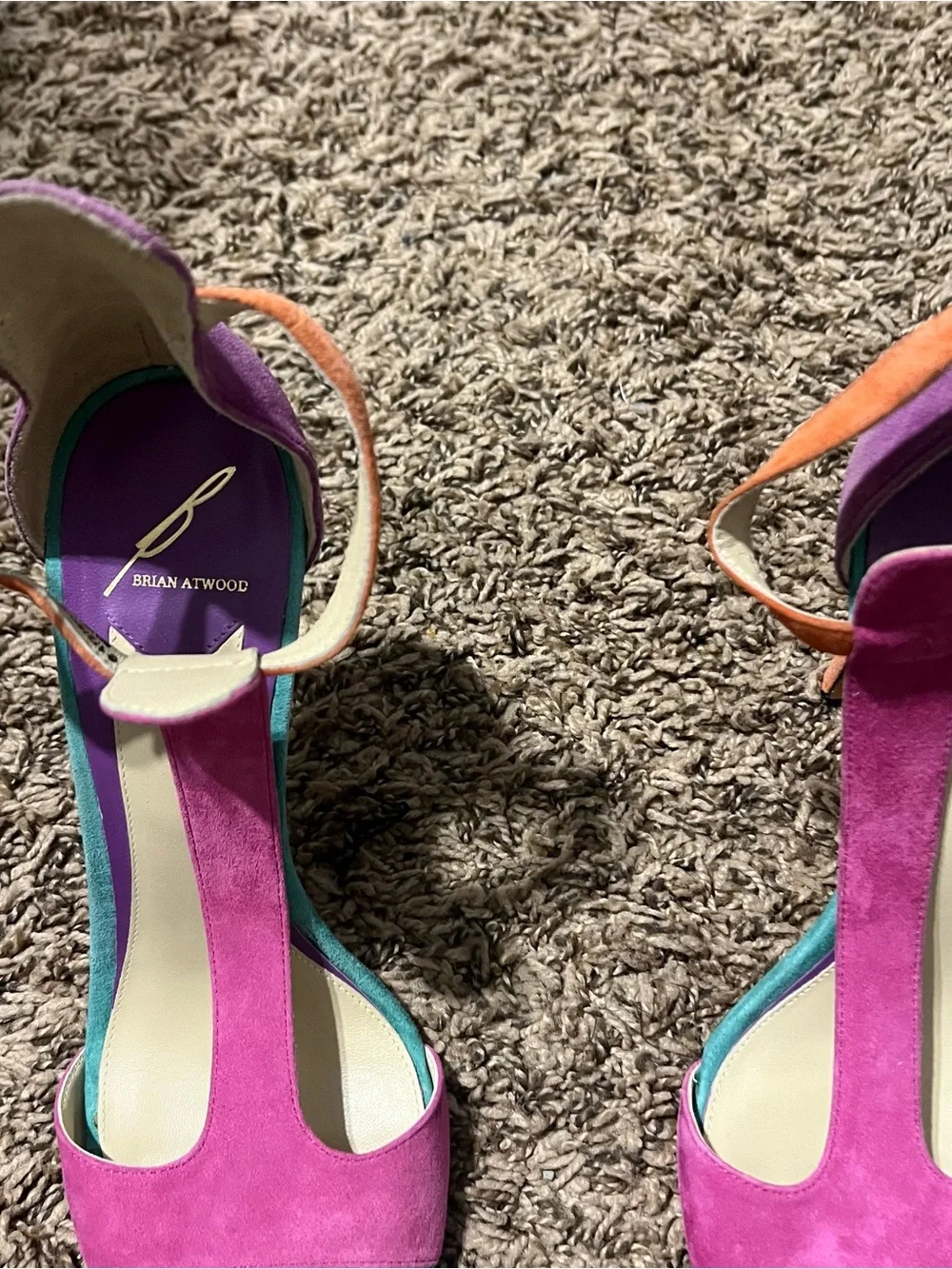 B Brian Atwood Pink, Teal & Orange Suede T-Strap Heels